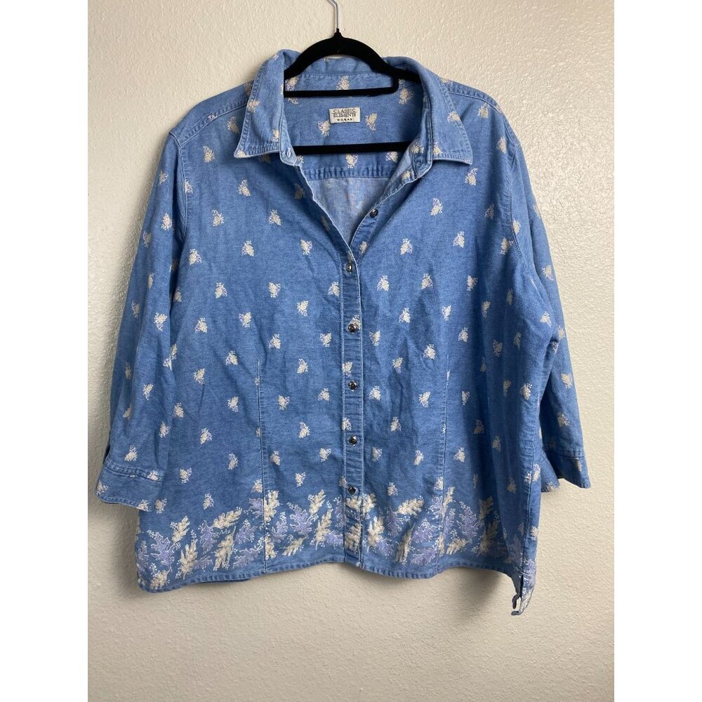Classic Elements Womens Chambray denim Button Up 3/4 Sleeve Top Plus size‎ 2X